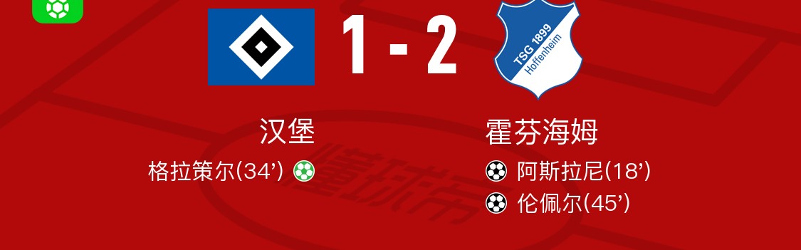 开云平台-霍芬海姆2-1汉堡，伦佩尔、阿斯拉尼破门